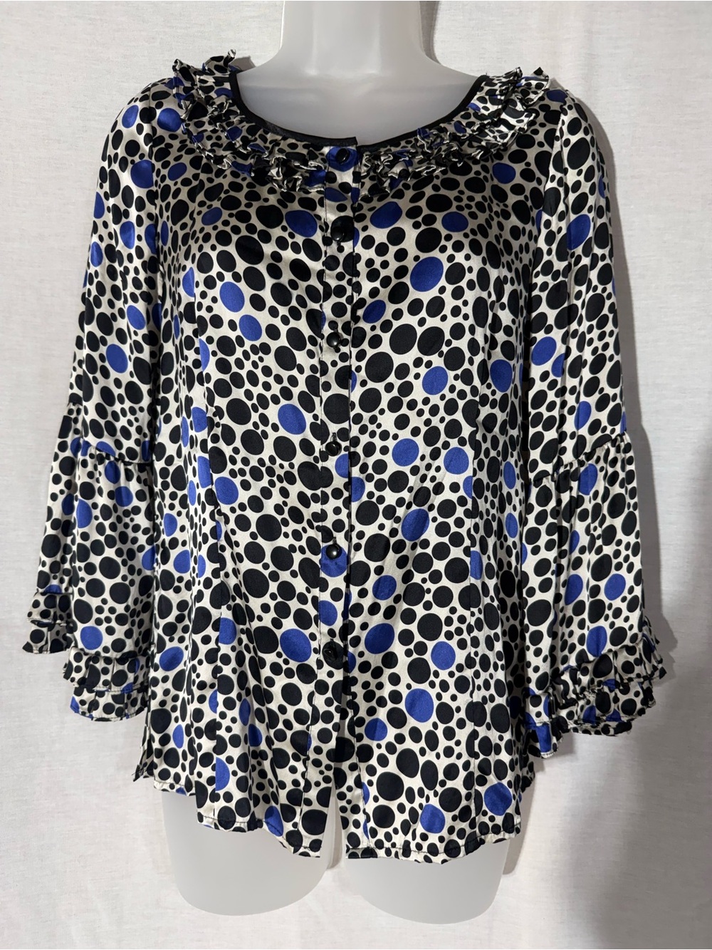 Oscar de la Renta Blue and Black Silk Polka Dot Ruffle Blouse Sz 4